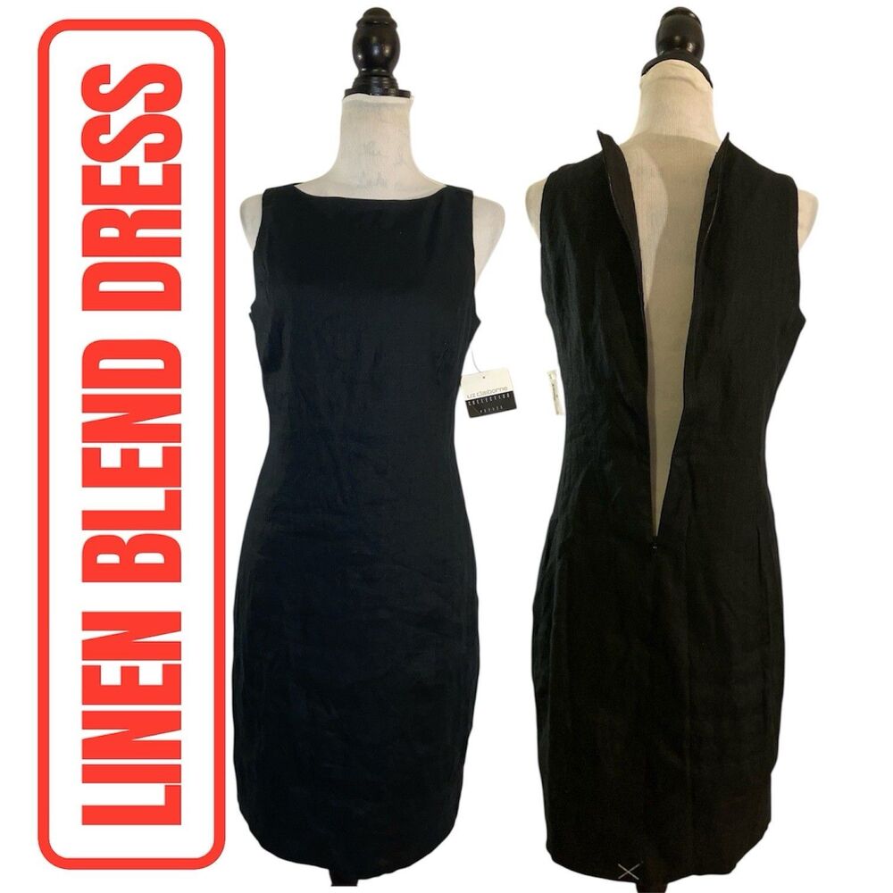 Luxury Women’s Linen Blend Summer Dress Size 12 Petite Sleeveless Black Stretch